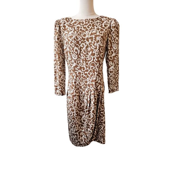 Vintage 80s Neiman Marcus Helga Swirling Print Dress Women 8 Medium Cream Brown - Picture 1 of 7